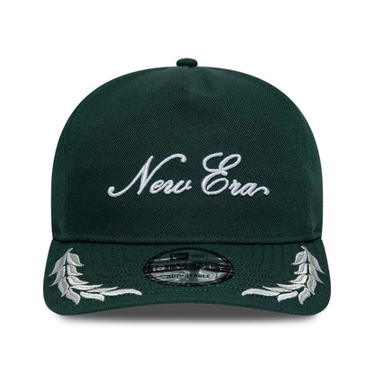 New Era Dark Green 19TWENTY Adjustable Cap, front view showing the white embroidered New Era script logo on the crown, detailed with silver embroidered laurel leaves on both sides of the dark green visor and a 19TWENTY size sticker.