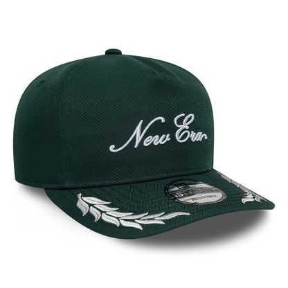 New Era Dark Green 19TWENTY Adjustable Cap, front view showing white cursive New Era embroidery on the front panel, detailed visor embroidery with laurel motifs, and a 19TWENTY size sticker on the dark green curved visor.