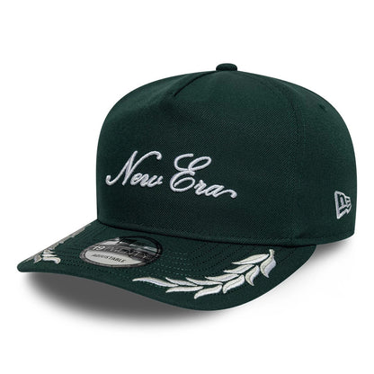 New Era Dark Green 19TWENTY Adjustable Cap, front three-quarter view showing the white embroidered New Era script on the crown, laurel leaf embroidery on the visor, and the New Era flag logo on the left side.