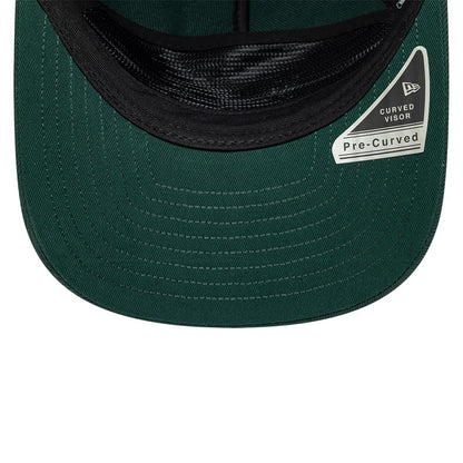 New Era Dark Green 19TWENTY Adjustable Cap, inside view showing the black sweatband, a green undervisor with prominent stitching, and a curved visor sticker on the right-hand side highlighting the pre-curved design.