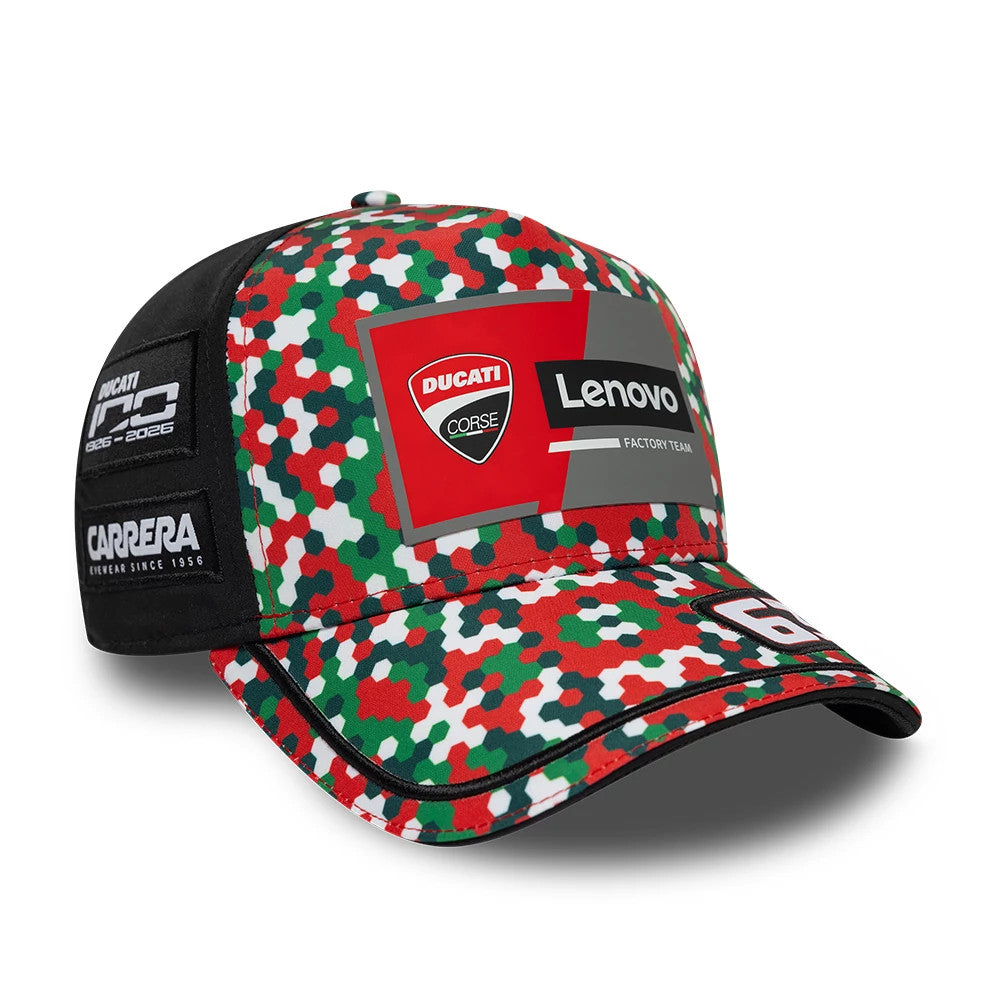 Pictured is this Replica Pecco Bagnaia Mugello Race Special Ducati 9FORTY E-Frame cap in red. 4