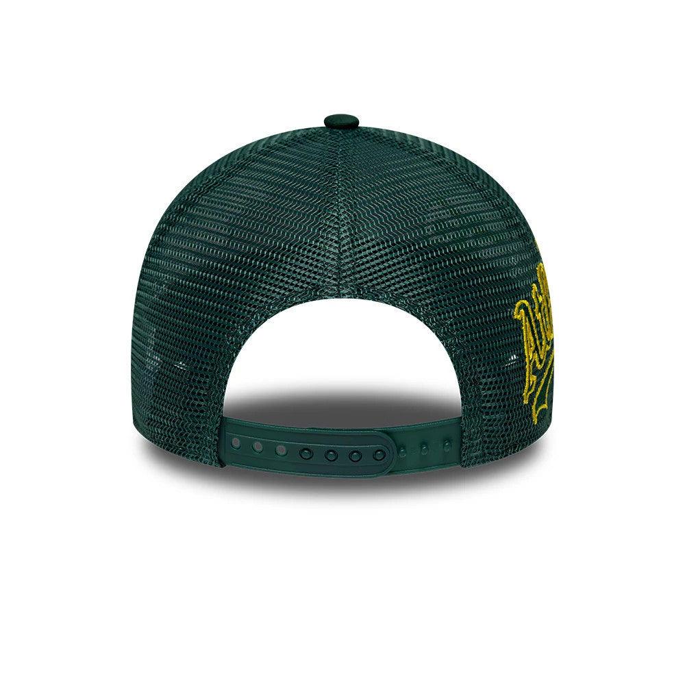 Pictured is this MLB Patch Athletics 9FORTY A-Frame Trucker cap in dark green. 6