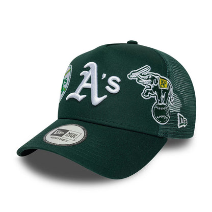 Pictured is this MLB Patch Athletics 9FORTY A-Frame Trucker cap in dark green. 3