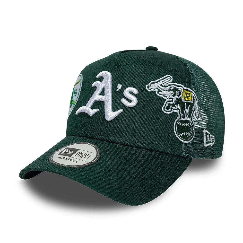 Pictured is this MLB Patch Athletics 9FORTY A-Frame Trucker cap in dark green. 3