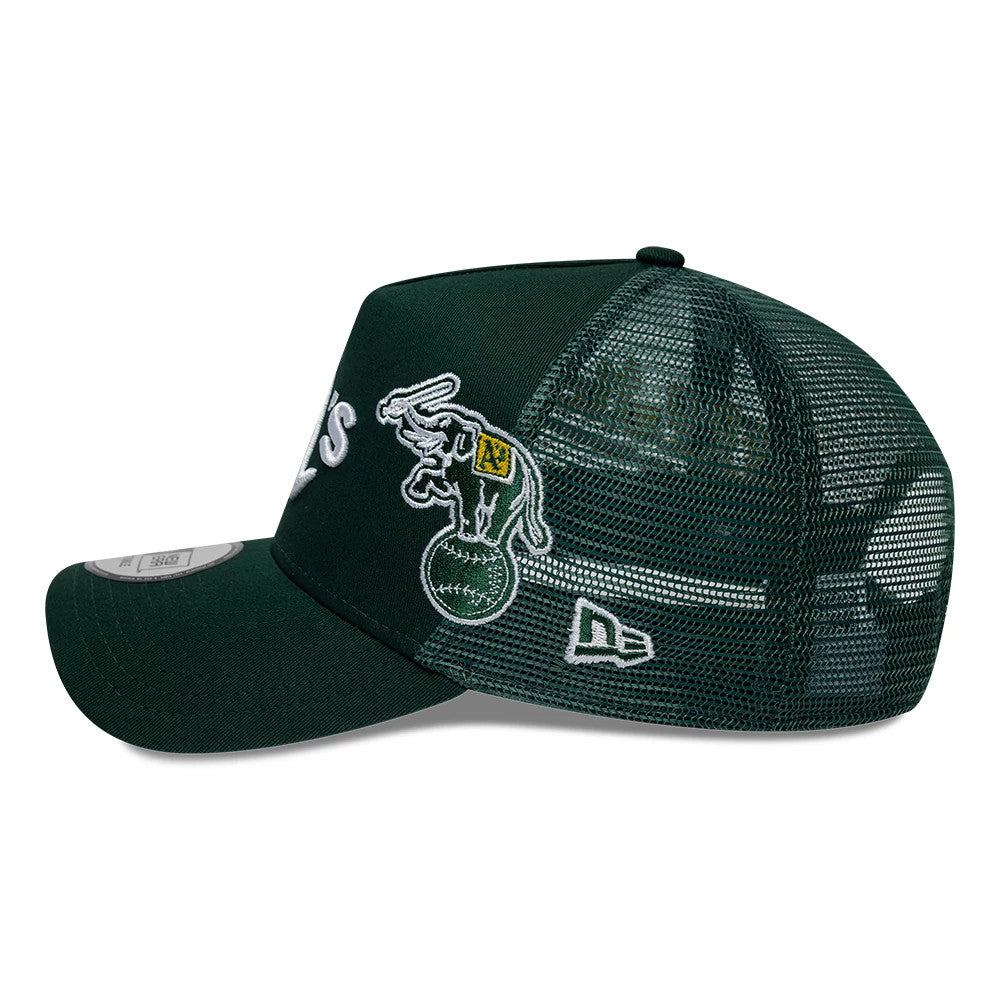 Pictured is this MLB Patch Athletics 9FORTY A-Frame Trucker cap in dark green. 4