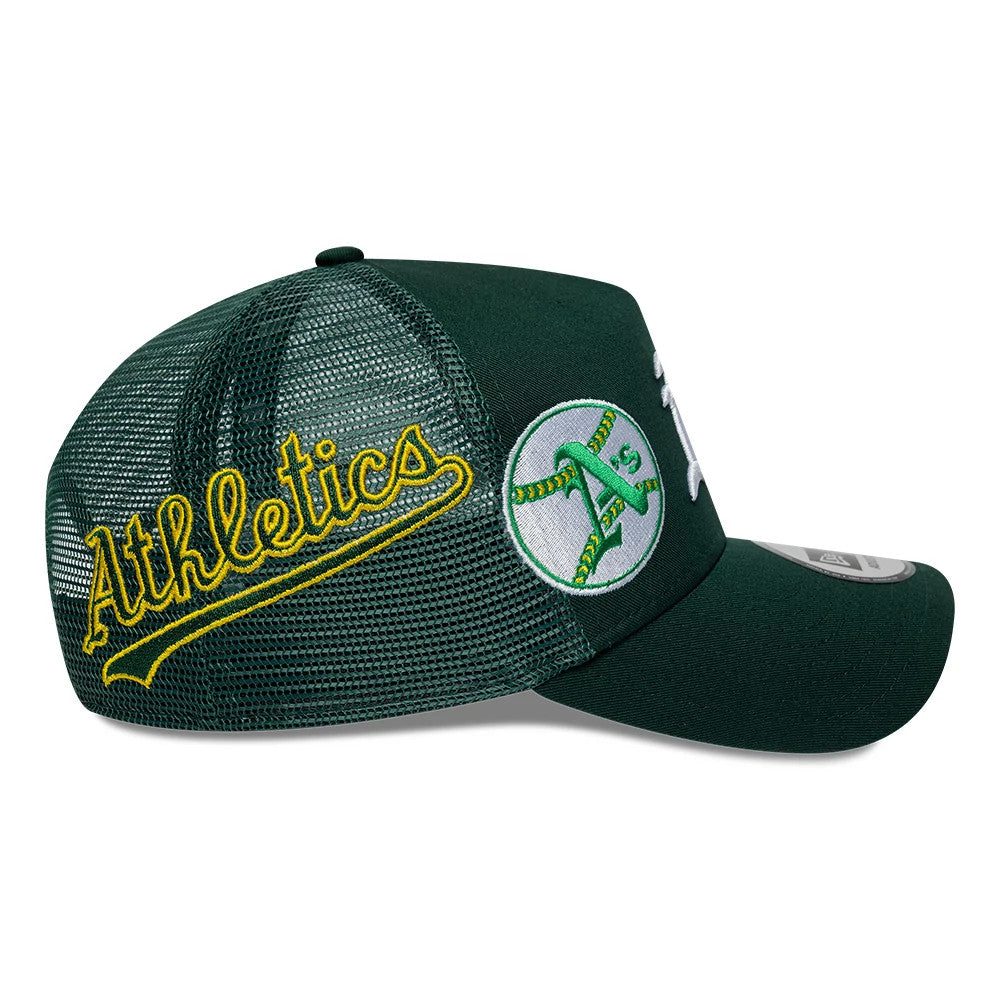 Pictured is this MLB Patch Athletics 9FORTY A-Frame Trucker cap in dark green. 5