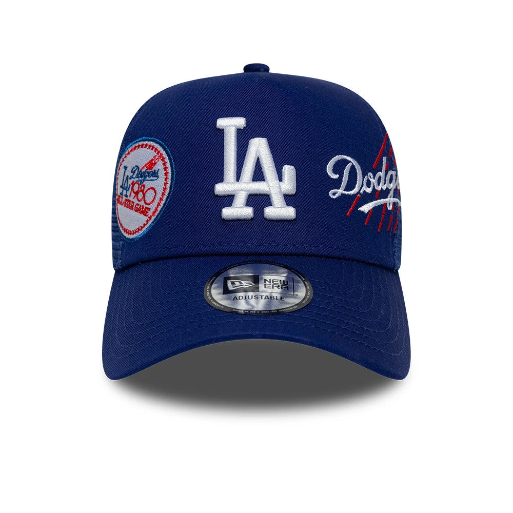 Pictured is this MLB Patch LA Dodgers 9FORTY A-Frame Trucker cap in dark blue. 2