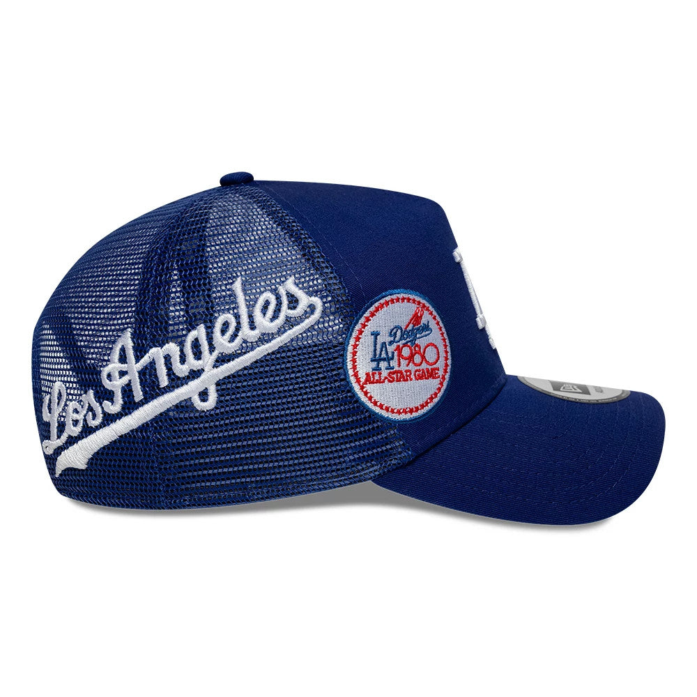 Pictured is this MLB Patch LA Dodgers 9FORTY A-Frame Trucker cap in dark blue. 5