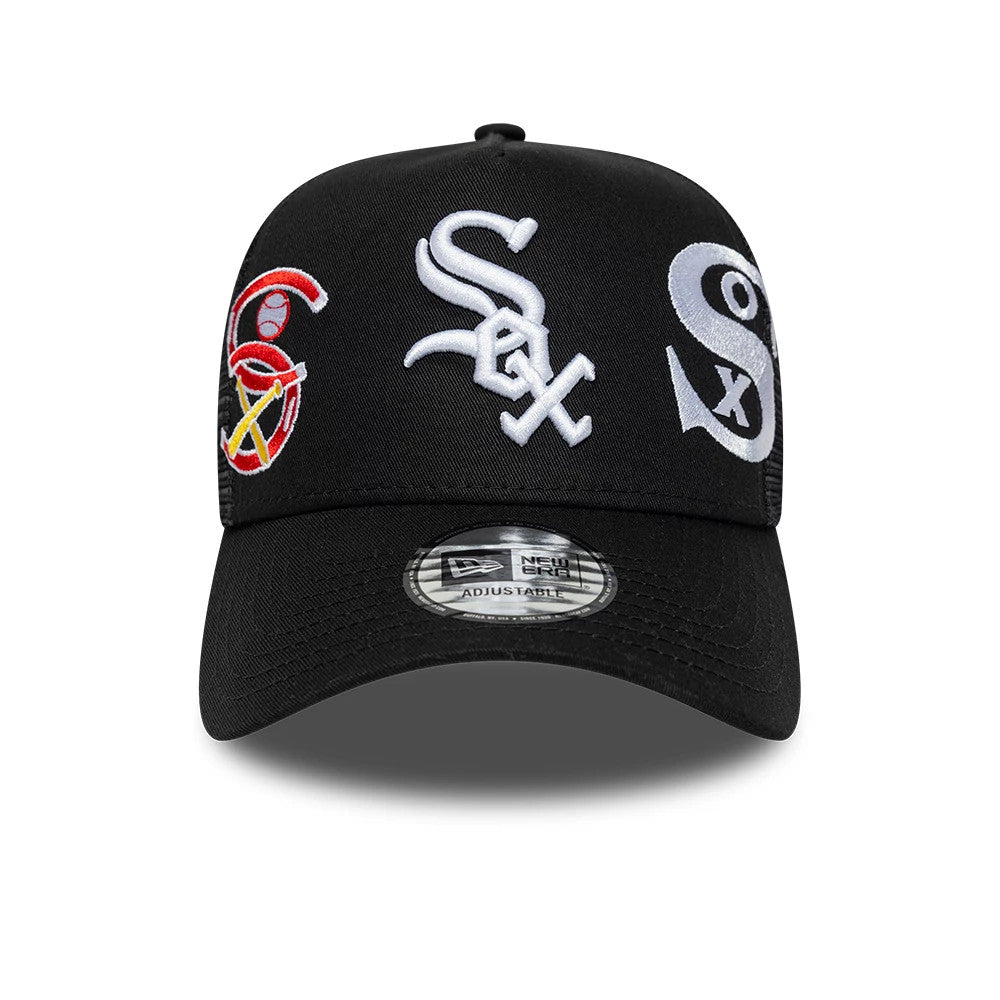 Pictured is this MLB Patch Chicago White Sox 9FORTY A-Frame Trucker cap in black. 8
