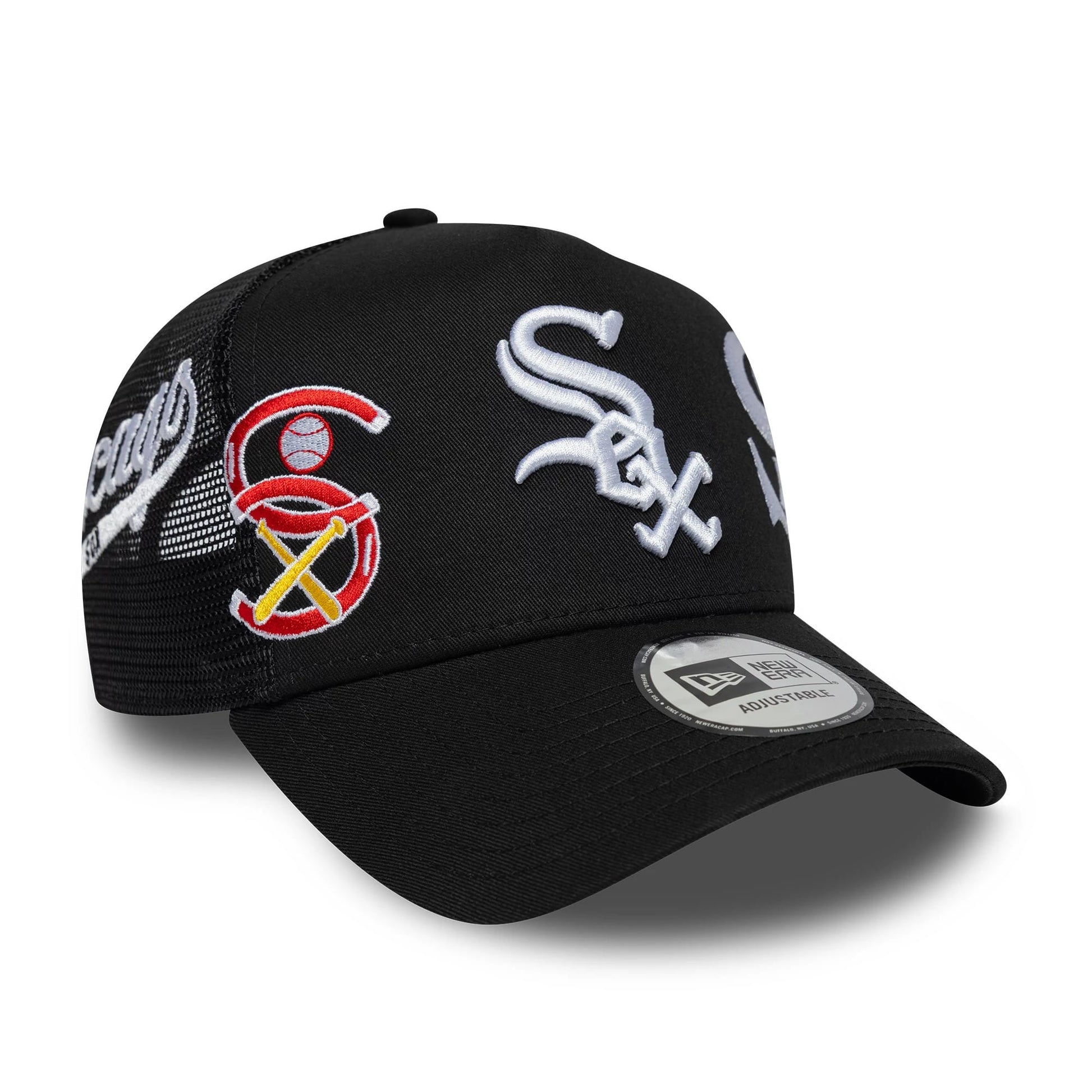 Pictured is this MLB Patch Chicago White Sox 9FORTY A-Frame Trucker cap in black. 3