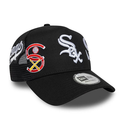 Pictured is this MLB Patch Chicago White Sox 9FORTY A-Frame Trucker cap in black. 12