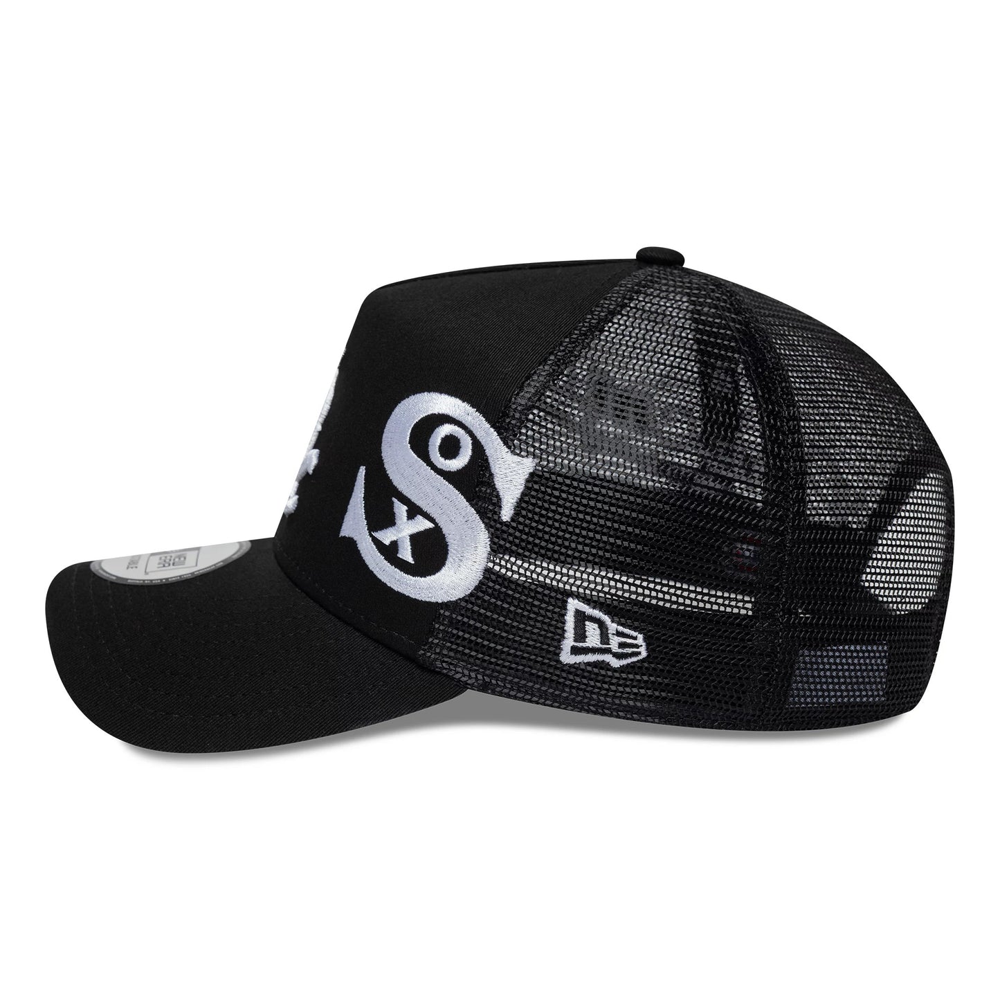 Pictured is this MLB Patch Chicago White Sox 9FORTY A-Frame Trucker cap in black. 10