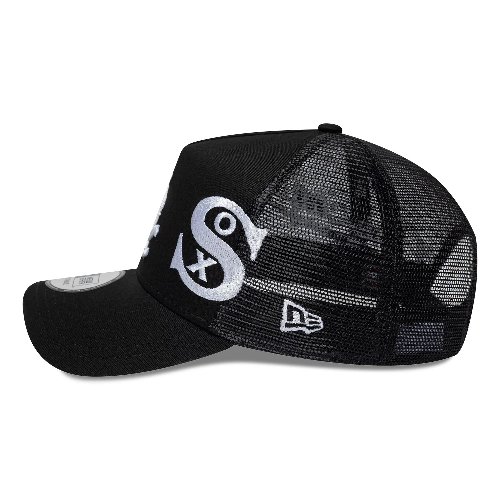 Pictured is this MLB Patch Chicago White Sox 9FORTY A-Frame Trucker cap in black. 10