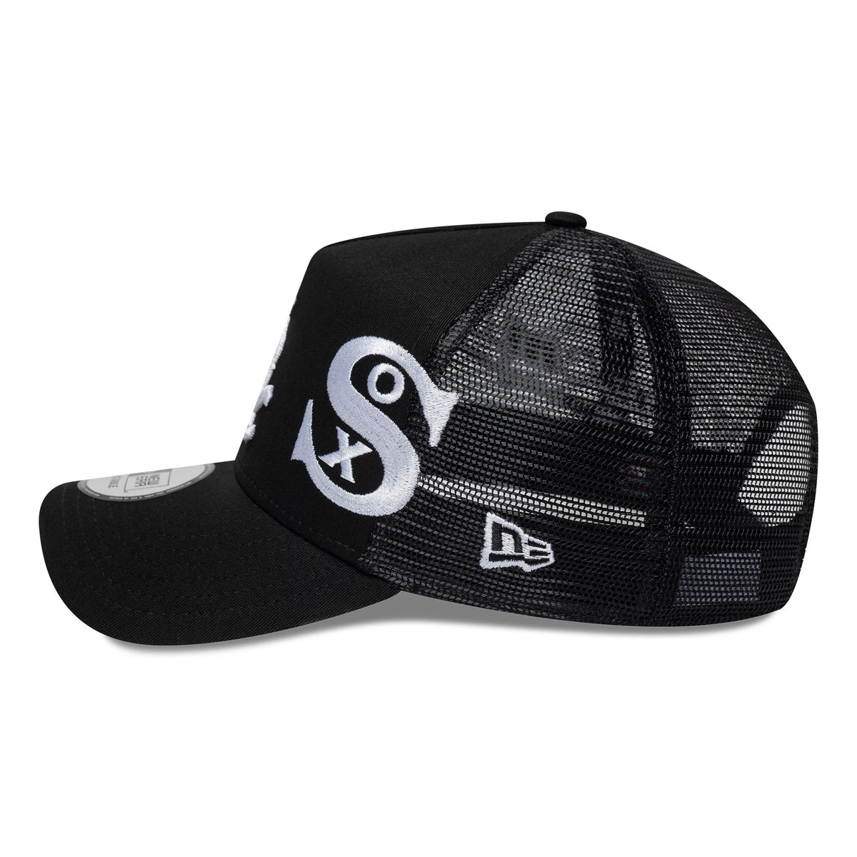 Pictured is this MLB Patch Chicago White Sox 9FORTY A-Frame Trucker cap in black. 10