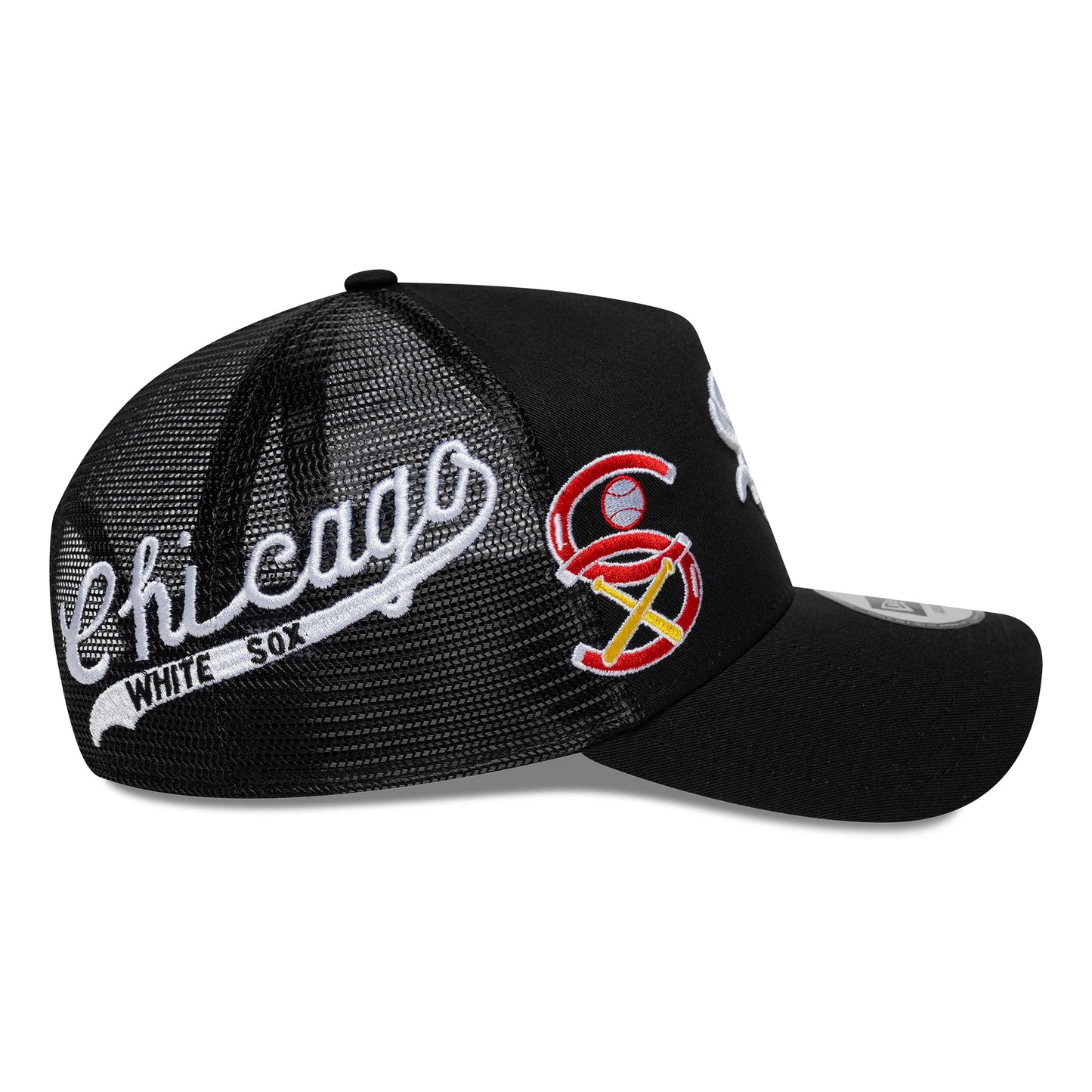 Pictured is this MLB Patch Chicago White Sox 9FORTY A-Frame Trucker cap in black. 11
