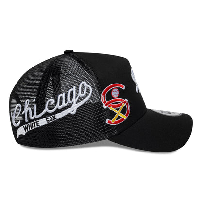 Pictured is this MLB Patch Chicago White Sox 9FORTY A-Frame Trucker cap in black. 11