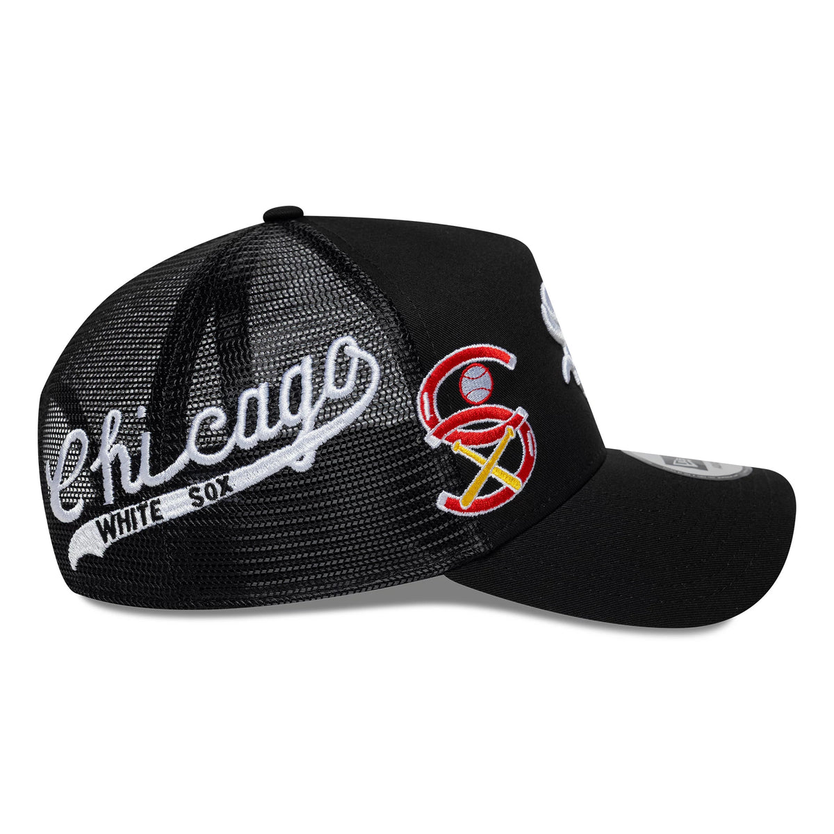 Pictured is this MLB Patch Chicago White Sox 9FORTY A-Frame Trucker cap in black. 11