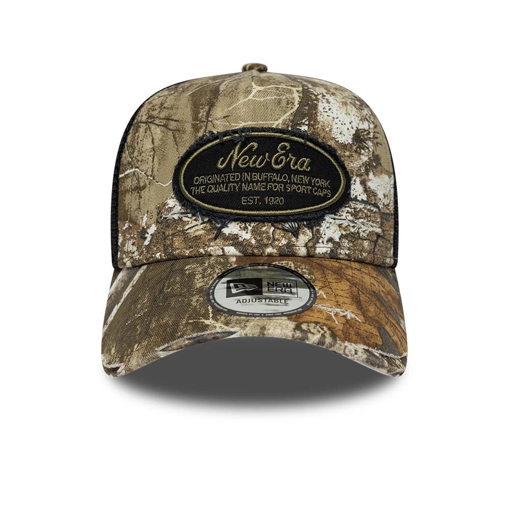 Pictured is this New Era Heritage Patch 9FORTY A-Frame Trucker cap in Realtree camo. 2