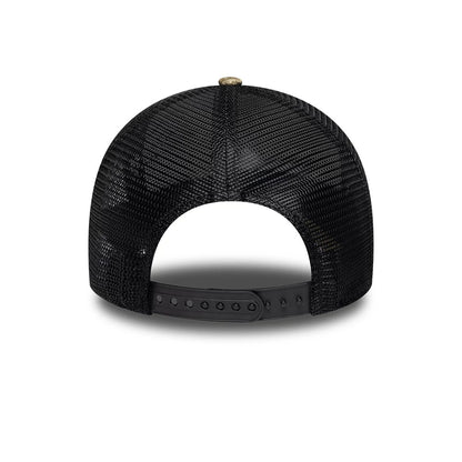 New Era Heritage Patch Realtree Camo 9FORTY A-Frame Trucker Adjustable Cap, rear view showing the black mesh panels, gold top button, and adjustable snapback closure on the curved back of the cap.