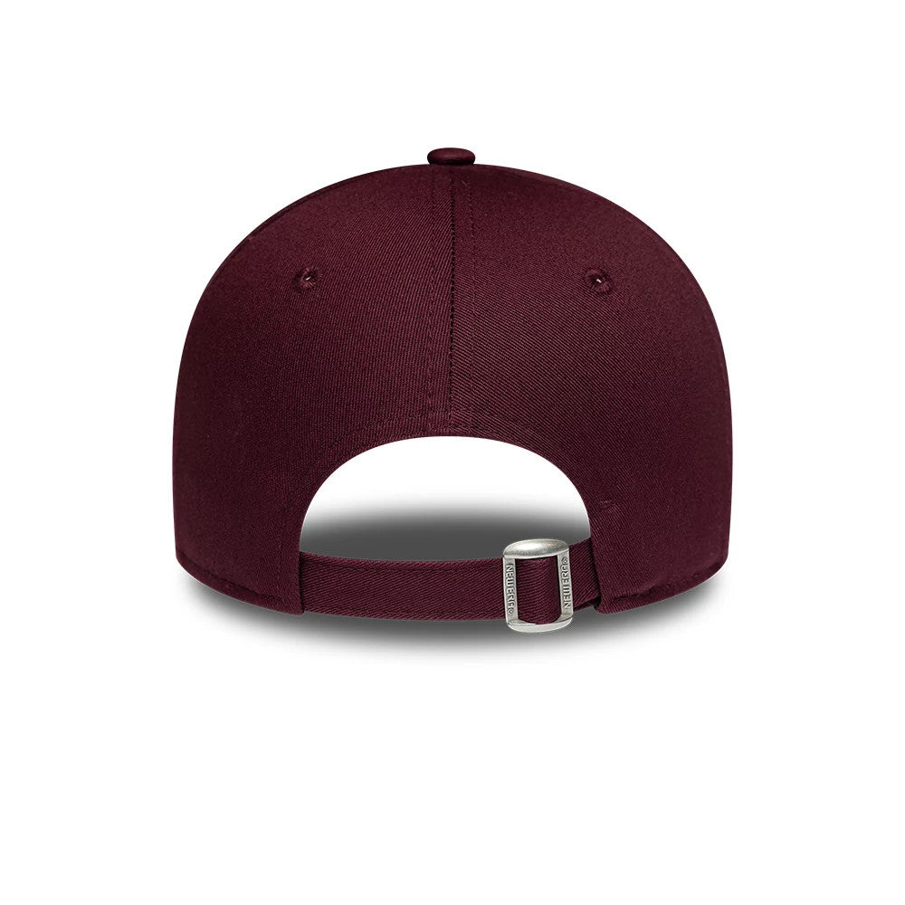 Womens Lacoste X New Era Dark Purple 9FORTY Adjustable Cap, rear view showing a buckle on the dark purple fabric strap, embroidered eyelets on each side, and a seamless back panel below the top button.