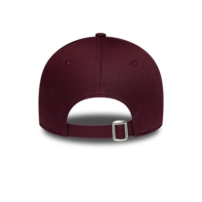Womens Lacoste X New Era Dark Purple 9FORTY Adjustable Cap, rear view showing a buckle on the dark purple fabric strap, embroidered eyelets on each side, and a seamless back panel below the top button.