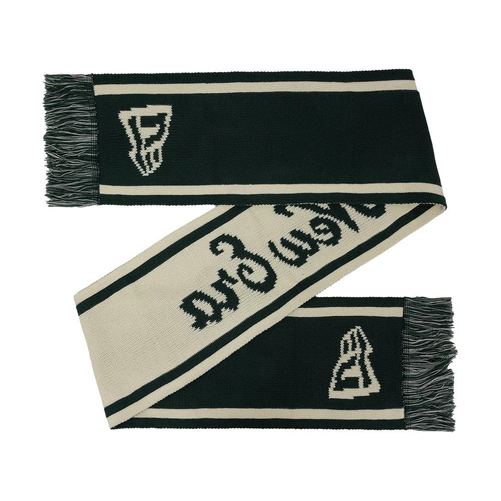 Pictured is this New Era Chunky Knit Scarf in dark green. 1