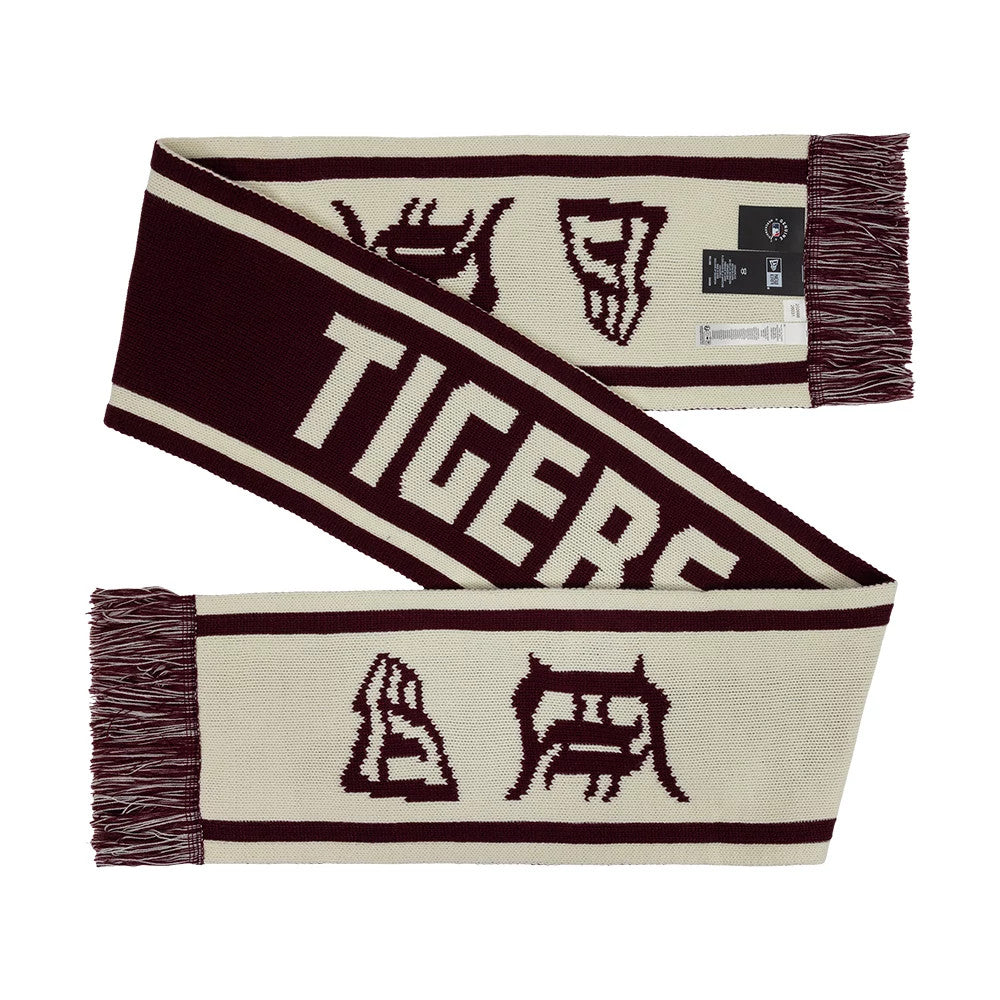 New Era Detroit Tigers MLB Chunky Team Dark Purple Scarf, front view showing TIGERS lettering in dark purple across the cream background, with team logos on either side, and fringed ends adding texture to the design.