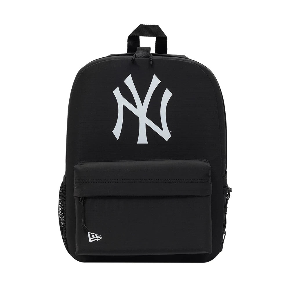 New Era New York Yankees MLB Sport Black Smart Backpack, front view displaying a large white embroidered Yankees logo centred on the upper panel, a zipped front pocket with a small printed New Era logo at the bottom left.