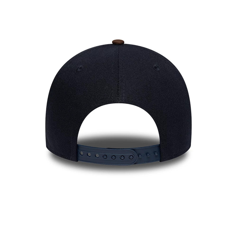 Detroit Tigers MLB Suede Visor Navy New Era 9FORTY E-Frame Adjustable Cap, rear view showing the adjustable navy strap with punched holes, a brown top button, and the structured navy crown emphasising the design.