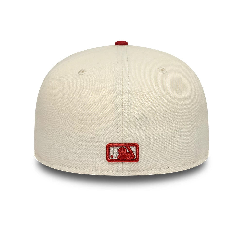 Pictured is this MLB League Essential New York Yankees 59FIFTY Fitted cap in cream & red. 4
