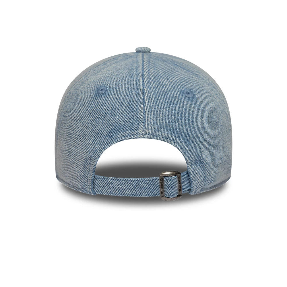 New York Yankees MLB Washed Denim Pastel Blue New Era 9TWENTY Adjustable Cap, rear view showing a buckle on the adjustable strap, blue eyelets matching the washed denim fabric, and a rounded crown with a top button.