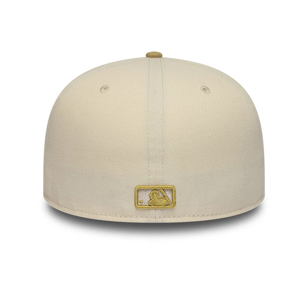 New York Yankees MLB League Essential Cream & Gold New Era 59FIFTY Fitted Cap, rear view showing a gold embroidered MLB Batterman logo at the centre back, with a cream structured crown and eyelets and top button.