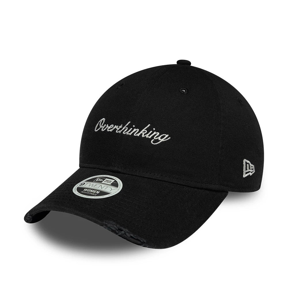 Womens New Era Slogan Black 9TWENTY Adjustable Cap, front view showing the white embroidered Overthinking slogan on the curved black visor, with a 9TWENTY size sticker on top, and the New Era flag logo on the left side panel.