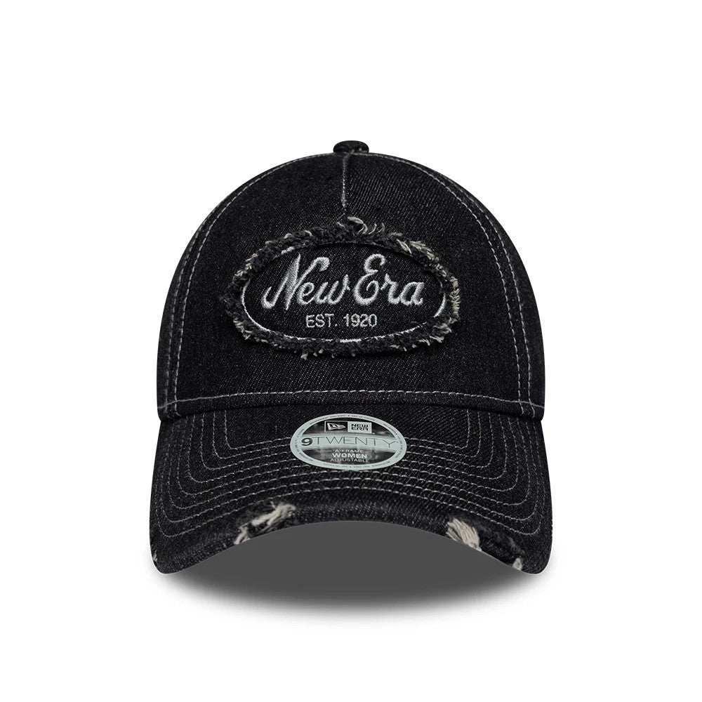 Pictured is this Womens New Era Distress 9TWENTY A-Frame cap in black. 2
