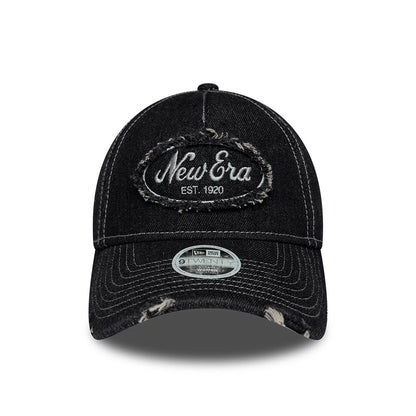 Pictured is this Womens New Era Distress 9TWENTY A-Frame cap in black. 2