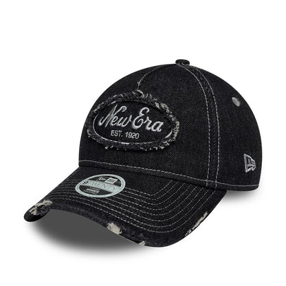 Pictured is this Womens New Era Distress 9TWENTY A-Frame cap in black. 1