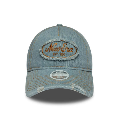 Pictured is this Womens New Era Distress 9TWENTY A-Frame cap in pastel blue. 2