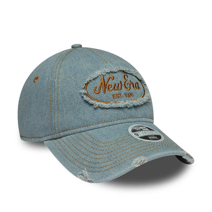 Pictured is this Womens New Era Distress 9TWENTY A-Frame cap in pastel blue. 3