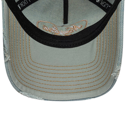 Pictured is this Womens New Era Distress 9TWENTY A-Frame cap in pastel blue. 5
