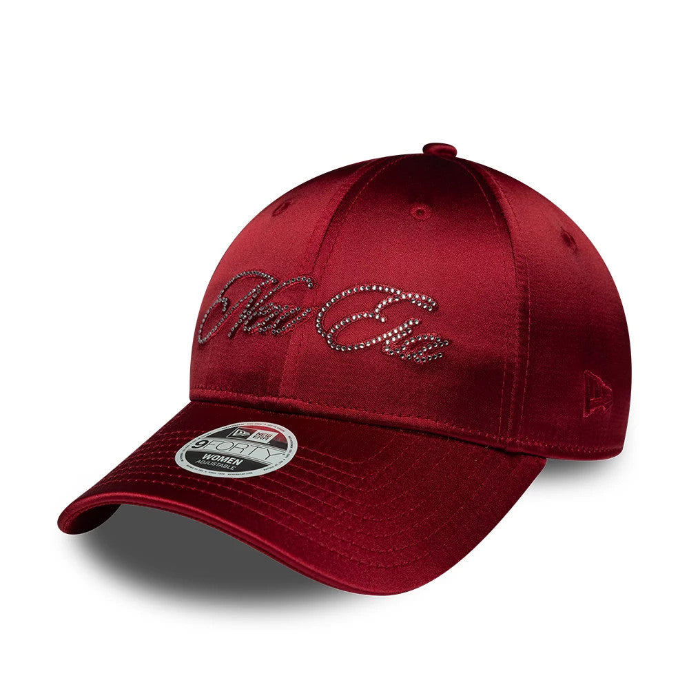 Pictured is this Womens New Era Satin Gem 9FORTY cap in dark red. 1