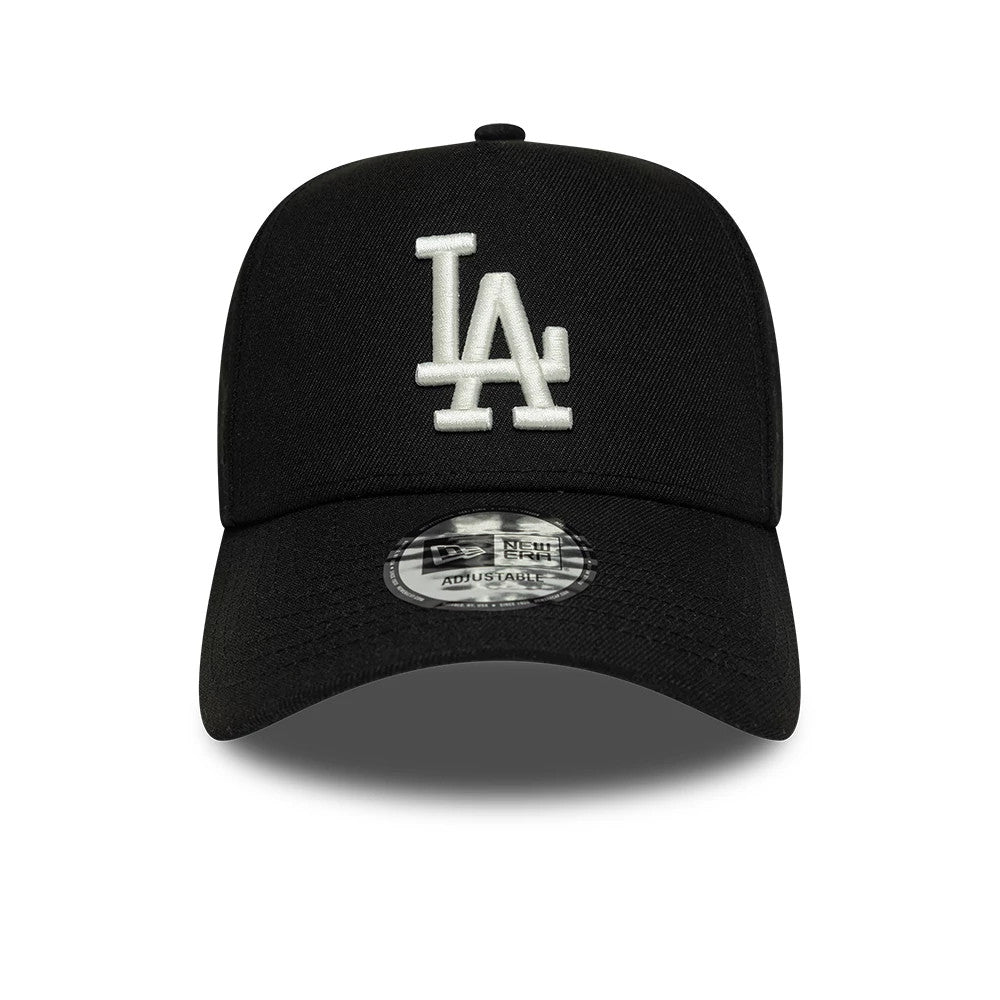 LA Dodgers MLB Mythical Black New Era 9FORTY E-Frame Adjustable Cap, front view showing the raised white embroidered LA logo on the structured black crown, complemented by a curved black visor with a 9FORTY size sticker.