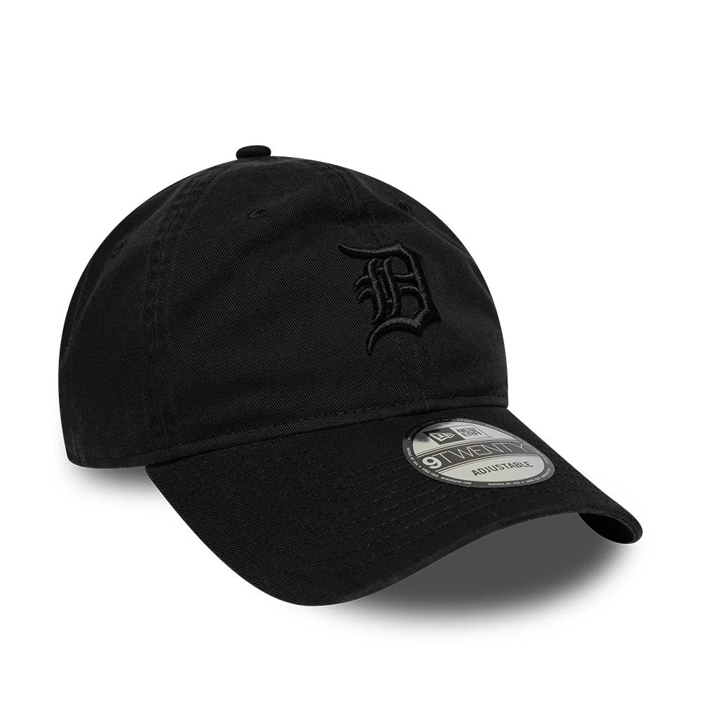 Detroit Tigers MLB Washed Midi Logo Black New Era 9TWENTY Adjustable Cap, three-quarter view showing the raised black embroidered Detroit Tigers logo on the unstructured black crown, with a curved black visor and 9TWENTY size sticker.