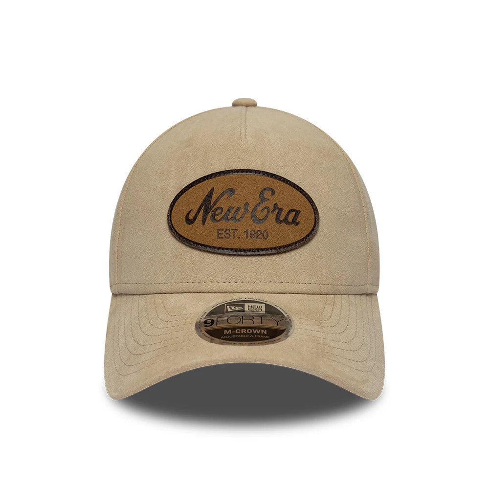 Pictured is this New Era Faux Suede 9FORTY M-Crown A-Frame cap in light beige. 2
