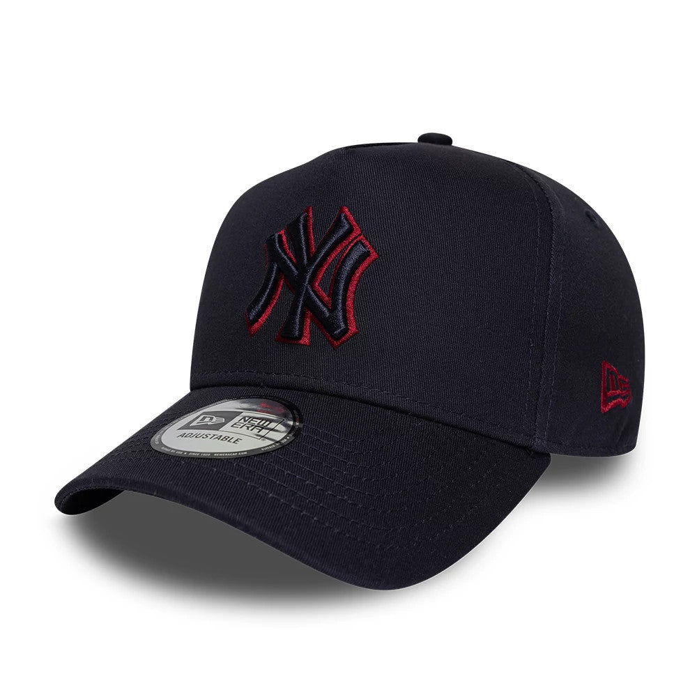 New York Yankees MLB Team Outline Navy New Era 9FORTY E-Frame Adjustable Cap, front view showing the raised navy logo with red outline embroidery on the structured front panel, a curved navy visor, and a 9FORTY size sticker on the top.