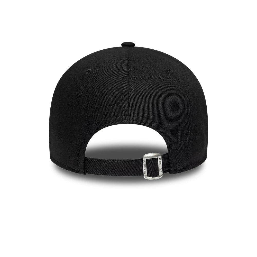 New York Yankees MLB League Essential Black New Era 9FORTY Adjustable Cap, rear view showing a curved black visor, a black strap with a buckle closure for size adjustment, and structured black crown panels with matching embroidered eyelets.
