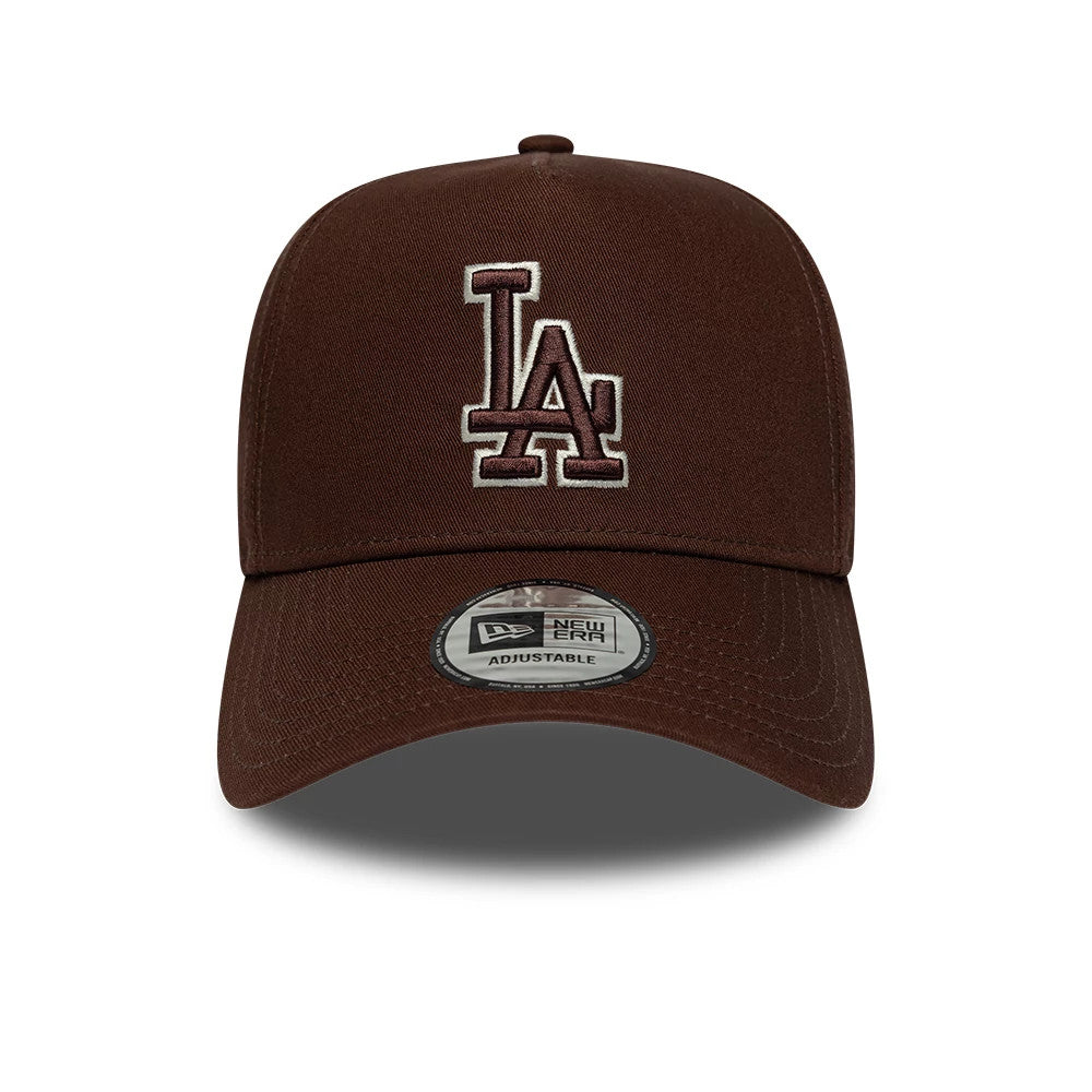 LA Dodgers MLB Team Outline Brown New Era 9FORTY E-Frame Adjustable Cap, front view showing the raised brown LA logo with white outline on the structured brown crown and a 9FORTY size sticker on the curved brown visor.