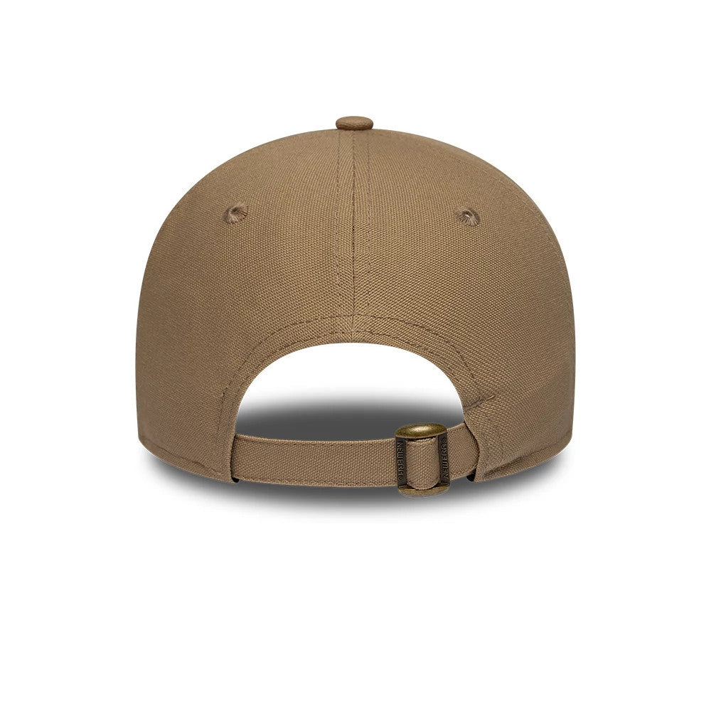 New Era Colorado Beige & Brown 9FORTY M-Crown Adjustable Cap, rear view featuring a curved brown visor, an adjustable strap with a brass buckle, and embroidered eyelets on the structured beige crown for a classic look.