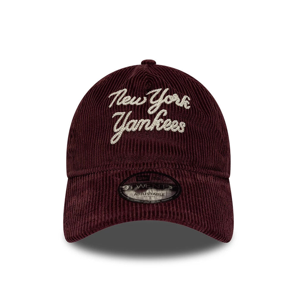 Pictured is this MLB Cord Script New York Yankees 9TWENTY A-Frame cap in burgundy. 2