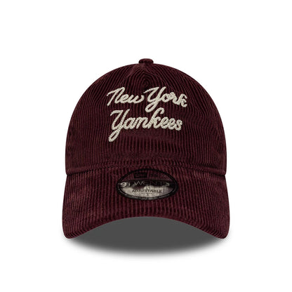 Pictured is this MLB Cord Script New York Yankees 9TWENTY A-Frame cap in burgundy. 2
