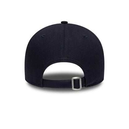 Detroit Tigers MLB Team Outline Navy New Era 9FORTY Adjustable Cap, rear view showing the curved navy panels with embroidered eyelets, a matching fabric strap with a buckle, and a rounded top button, completing the classic adjustable look.